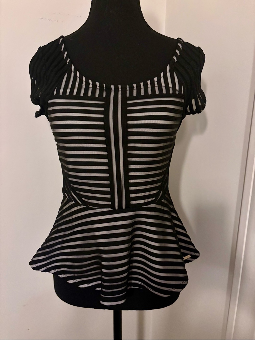 bebe Black and White Striped Peplum Top